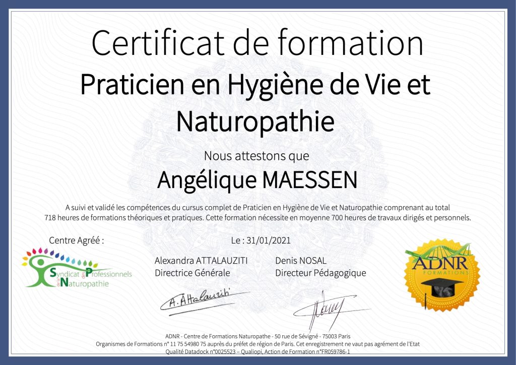 Diplome  de Praticien en Hygiene de vie et Naturopathie